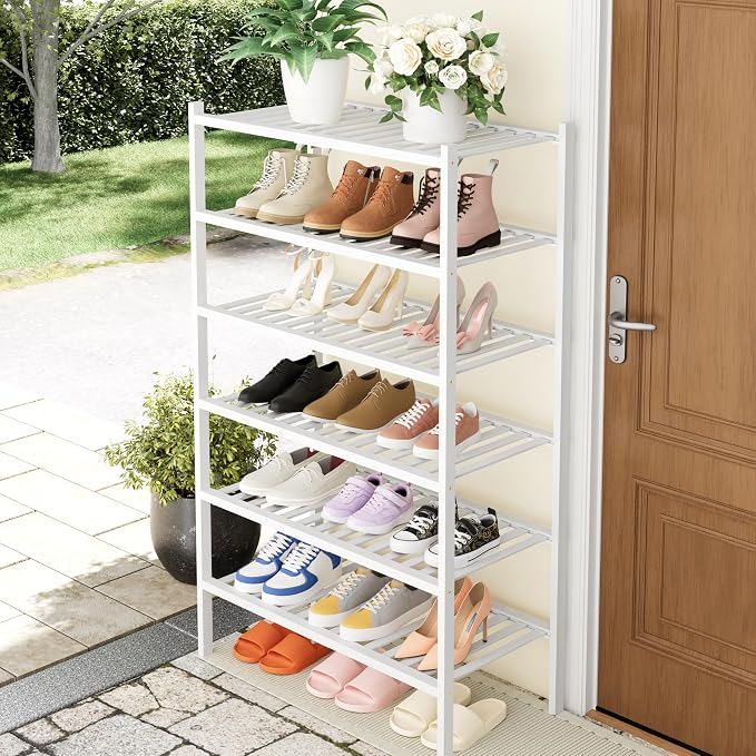 Smiry Bamboo Shoe Rack, 14 Vertical Slats, 6 Tier - 26.8" Wide, White | Stackable Free Standing Wooden Shoe Organizer, Wood Shoe Storage Shelf for Closet, Entryway, Thicher Leg