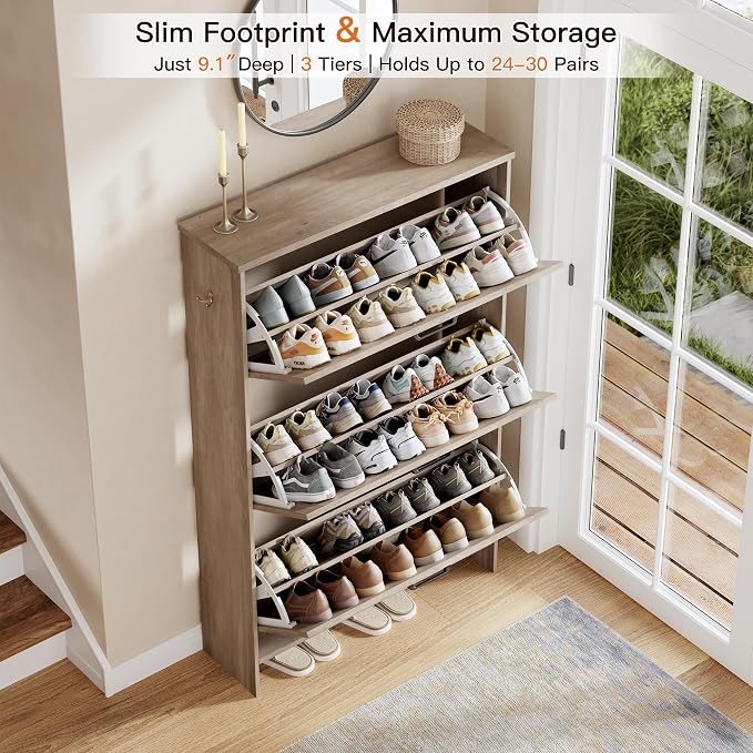Shoe Cabinet for Entryway, 3 Flip Drawers Shoe Storage Cabinet with 3-Tier Adjustable Shelves, Ultra Slim Freestanding Hidden Shoe Organizer with Barn Door Design, Dove Gray
