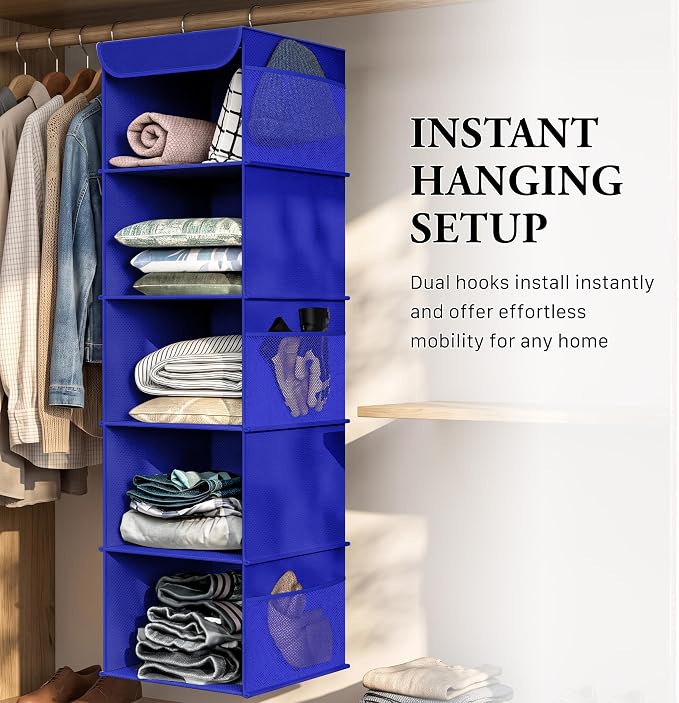 Simple Houseware 5 Shelf Hanging Closet Organizer, Dark Blue | 360° Rotating Dual Hooks, Top Support Metal Frame, 6 Side Mesh Pockets