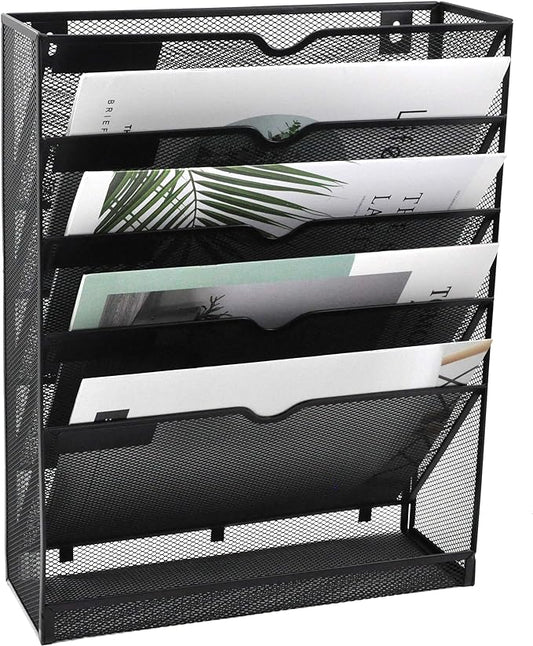 EASEPRES Desk File Organizer Mesh 6-Tier, Hanging Wall Mount Document Organization Stand, Desktop Vertical Mail Paper Folder Holder Rack with Bottom Tray for Office Home Cubicle, Sides Closed, Black
