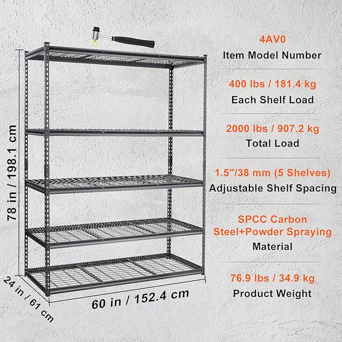 VEVOR Storage Shelving Unit 5-Tier Adjustable 2000 lbs Capacity Black | Heavy Duty Garage Shelves Metal Organizer Wire Rack, 60" x 24" x 78" for Kitchen Pantry Basement Bathroom Laundry Closet