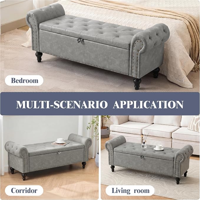 51" Storage Bench for Bedroom, Upholstered Ottoman Bench, Leather LightGray | End of Bed Bench for Bedroom, Window Benches for Living Room, Entryway, Ottoman with Large Storage Space, Pet Friendly