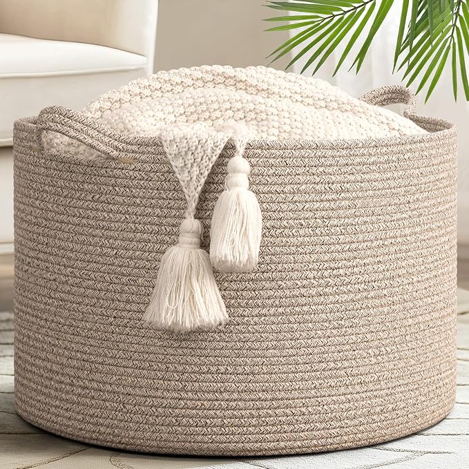 Goodpick Large Wicker Basket for Blankets, Baby Toy Storage Basket, 65L | 19.7 x 19.7 x 12.6 In Baby Storage Basket for Nursery, Blanket Basket for Living Room, Laundry Basket for Towels, All Brown