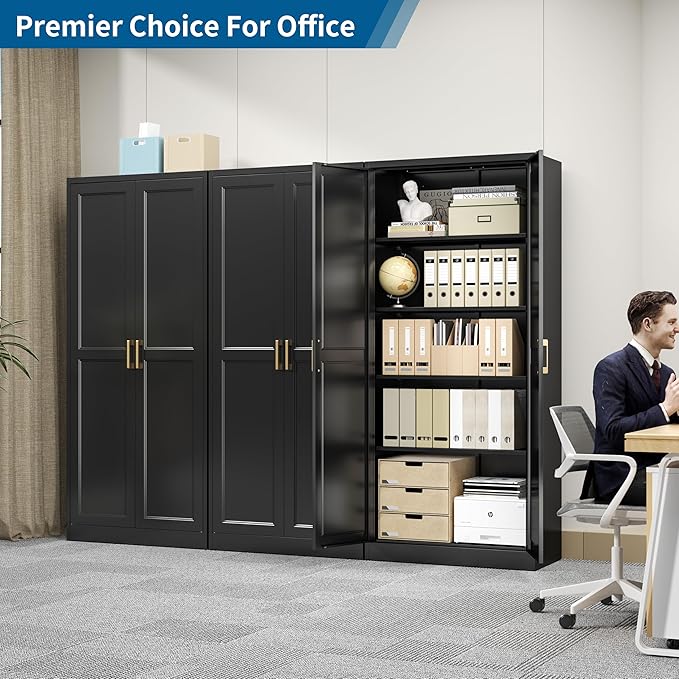 71" Tall Black Metal Storage Cabinet with Doors, Heavy Duty | Freestanding Steel Kitchen Pantry Cabinet, 4 Adjustable Shelves (180 Lbs Load), Tall Cabinets for Home, Office and Garage