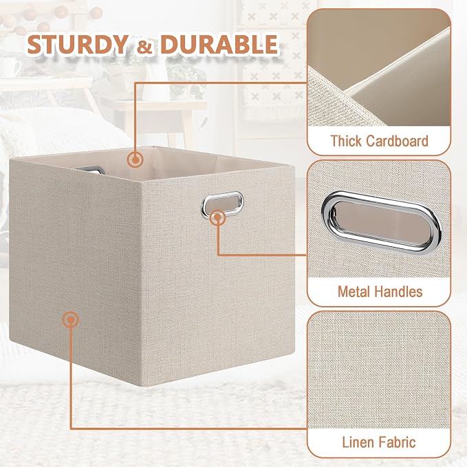 Posprica 13x15x13in Collapsible Storage Bins, Fabric Foldable Cube Storage Boxes, Decorative Storage Baskets Organizer for IKEA Kallax, Shelves, Closet, Clothes, Set of 4-Beige