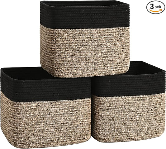 3 Pack Cube Storage Bin, 12”x12”x10” Cotton Rope Woven Baskets for Organizing Toys Clothes Towels, Square Gift Storage Baskets for Shelves, Nursery, Closet, Bathroom, Pantry (Black & Brown)