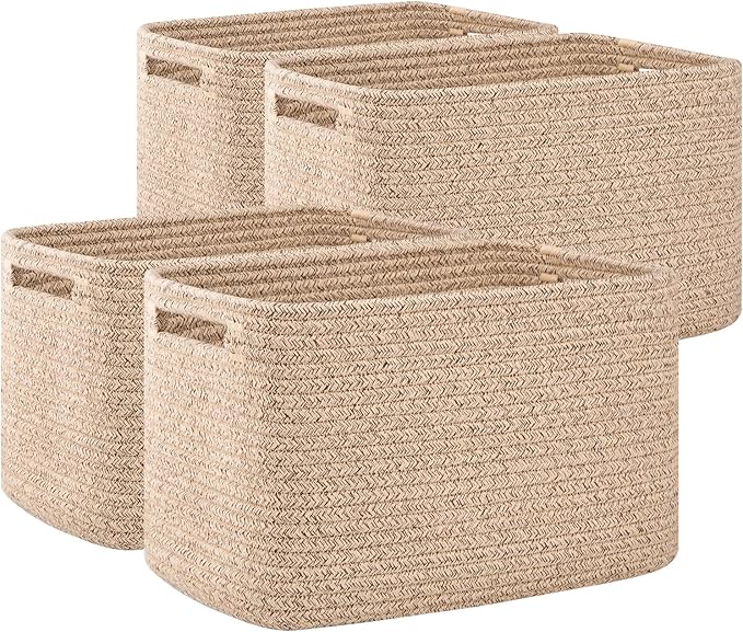 OIAHOMY 4 Pack Storage Baskets for Organizing, Cube Storage Bins for Shelves, Rectangle Storage Baskets With Handles, Woven Baskets for Storage, 12.7''Lx9''Wx7.8''H, Mixed Brown