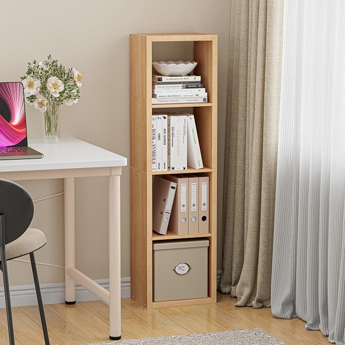 VDNEND Cube Storage Organizer Bookcase, Small 4 Tier 11 inch Open Back Cubical Shelf with Thickened Border, Display Bookshelf for Living Room, Home Office, Sturdy Room (Natural Oak, 4 Cube,Vertical)