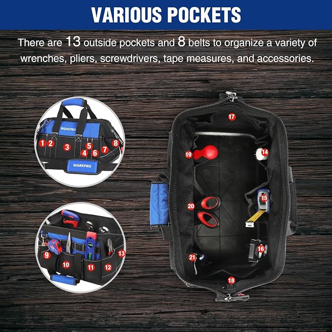 WORKPRO 16-inch Wide Mouth Tool Bag with Water Proof Molded Base | Multi-Pocket, Heavy Duty Cloth, Adjustable Shoulder Strap, Double-pull Zipper, For Workshops, Outdoor Projects