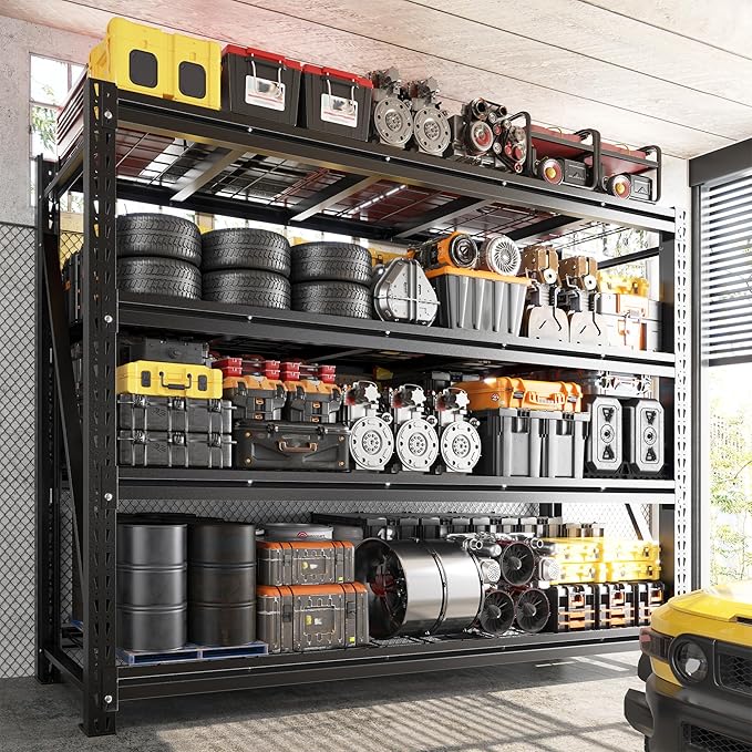 Romorgniz 60" W Garage Shelving 5000LBS Heavy Duty Storage Shelves Adjustable Industrial Shelving 4 Tier Large Metal Utility Shelf for Garage Warehouse Basement Shop, 60" W x 18" D x 72" H, Black, 2PC
