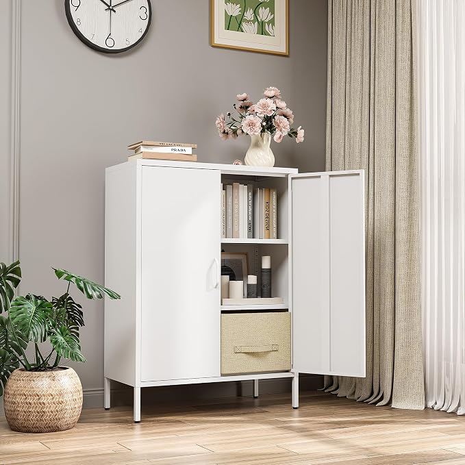 Bevivog Metal Locker Cabinet with 2 Doors, White Metal Accent Cabinets for Home Office, 40" Counter Height Storage Lockers Sideboard for Home Office Kitchen Living Room Hallway Entryway