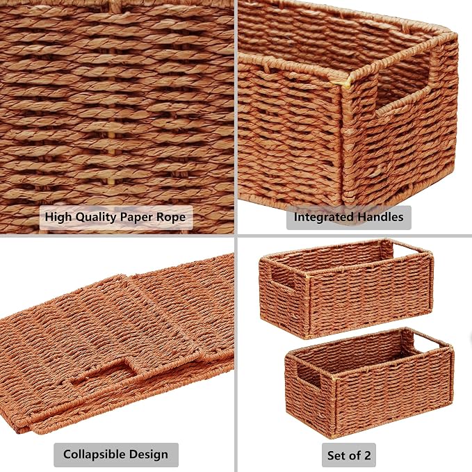 Vagusicc Wicker Storage Basket, Set of 2 Hand-Woven Paper Rope Wicker Basket, Small Storage Baskets for Organizing Toilet Paper, Foldable Small Cube Organizer Bins for Shelves (Orange)