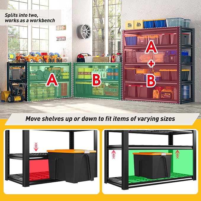 REIBII 2 Pack Garage Shelving 3200 LBS Load Space Saving Storage Shelves | Adjustable Metal Shelving, Industrial Heavy Duty Design, 5-Tier Utility Rack for Warehouse, School, 36" W x 16" D x 72" H