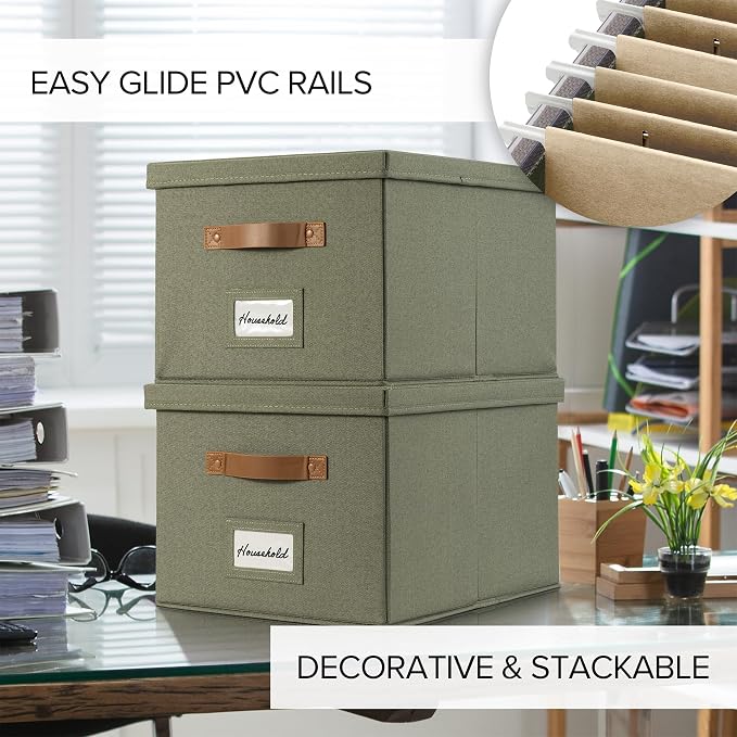 ZICOTO Decorative File Organizer Box Set of 2 - Collapsible Linen Filing Cabinets w/Handles Are Perfect to Store all Your Documents & Hanging File Folders - Portable Easy Slide Crates with Lid | Stores Documents and Hanging File Folders - Portable Offi...