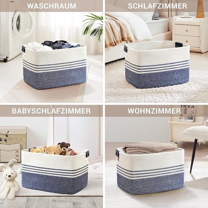 86L Woven Laundry Basket Hamper with Leather Handles,Denim Blue | collapsible wicker hamper, storage for dirty clothes, toys, blankets, gifts, living room, bedroom, bathroom, 24"x16"x14"