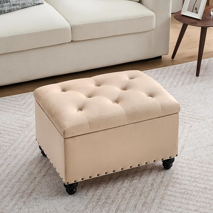Zihanhome Velvet Storage Ottoman Bench, Button Tufted Ottoman with Hidden Storage, Upholstered Foot Rest Stool with Solid Wood Legs for Living Room, Bedroom, Entryway & Small Spaces (Khaki)