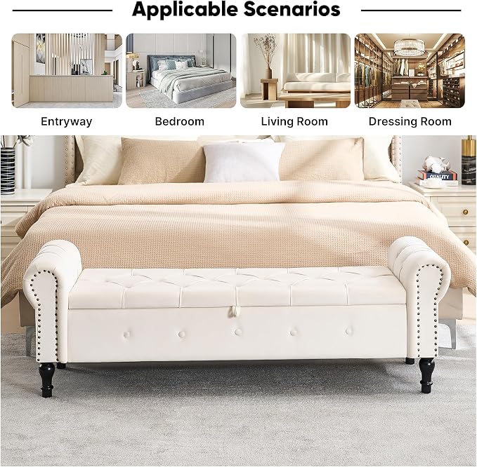 Storage Bench 67" Velvet End of Bed Benches Cream Beige | King Size Storage Bench for Bedroom with Rolled Arms Tufted Ottoman Benches Upholstered Bench for Living Room Entryway