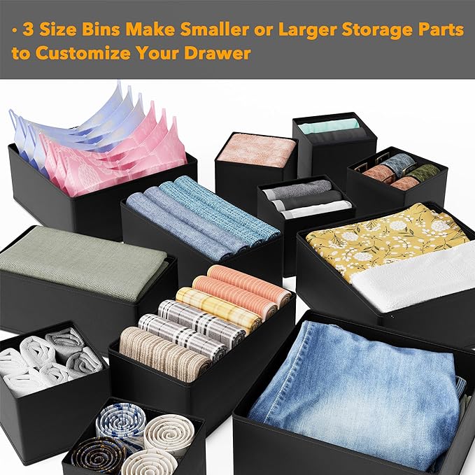 SpaceAid Drawer Organizer Clothes, 24 Pack Dresser Organizer Bins for Nursery, Closet Organization and Storage Dividers for Clothing, Baby Clothes, Underwears, Socks (Black)