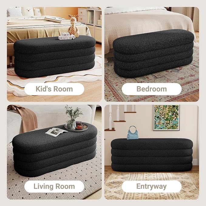Busaurus Storage Ottoman Bench 49.2 Inch Upholstered Fabric Storage Bench for Bedroom End of Bed Aesthetic Large Oval Ottoman for Living Room Entryway (Black)