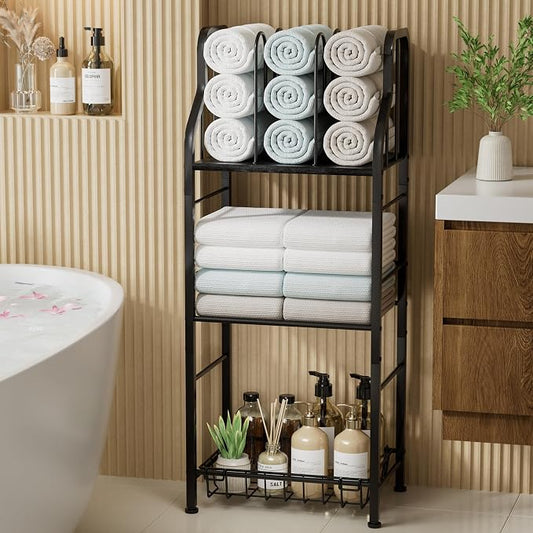 SWTYMIKI Free Standing Towel Rack - 3 Tier M-Shaped Detachable Dividers Towel Shelf for Bathroom, Durable Metal Pool Towel Holder, Modern Space-Saving Bath Towel Storage Organizer