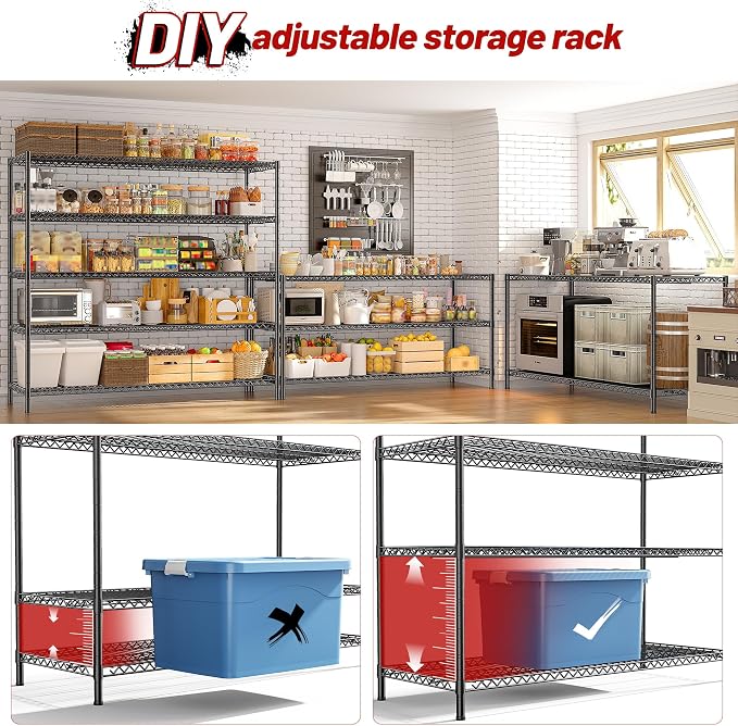 REIBII 55.5" W Storage Shelves 3200LBS Wire Shelving Unit 5 Tier Metal Shelving Garage Shelving 2PCS Heavy Duty Metal Shelves for Storage Rack Commercial Adjustable Pantry Shelf