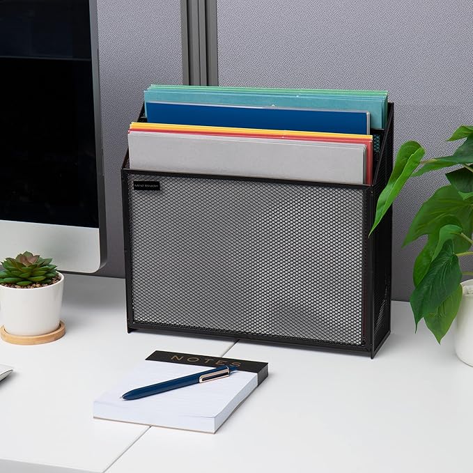 Mind Reader Vertical File Storage, Desktop Organizer, Workspace, Office, Metal Mesh, 12.5"L x 3.75"W x 11.5"H, Black