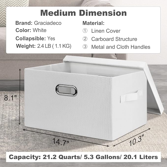 Graciadeco Medium 15" 21 Quart Collapsible Stackable Storage Bins with Lids, 1 Pack White Foldable Fabric Closet Storage Boxes with Lids, 4 Handles Heavy-duty Linen Cube Baskets for Bedroom | 21 Quart 1 Pack White Collapsible Stackable Linen Fabric 4 H...