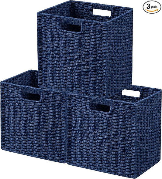 UBBCARE 3 Pack Wicker Basket, 11L×11H×10.5W inch Woven Paper Rope Storage Baskets for Shelves, Foldable Cube Storage bin with Handle, Storage Basket for Organizing & Decor, Navy Blue