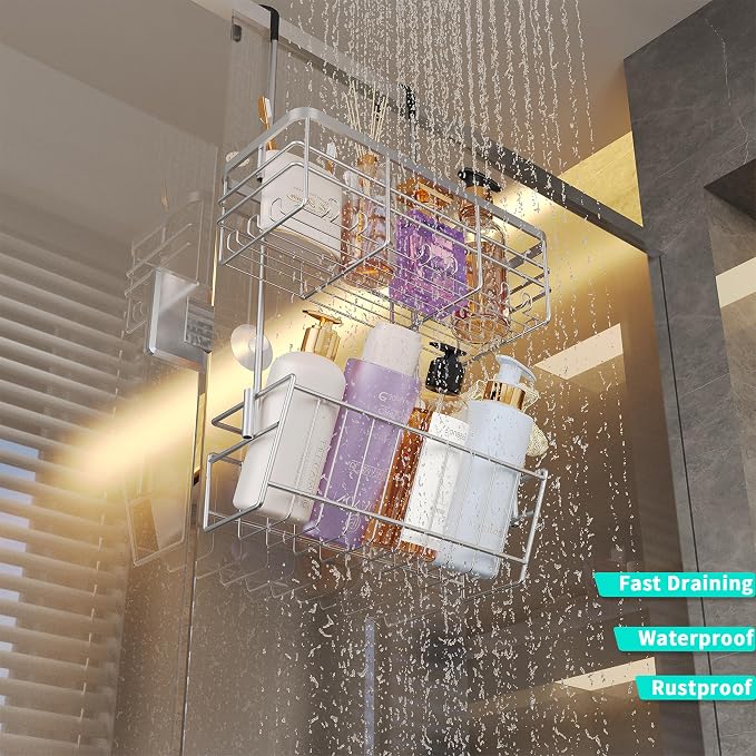 HapiRm Hanging Shower Caddy Organizer - No Drilling Shower Organizer with Inclined Shelf, Rustproof & Waterproof 304 Stainless Steel Bathroom Caddy - Silver