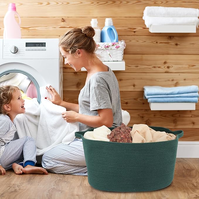 XUANGUO Large Woven Cotton Rope Blanket Basket 22"x17"x12" Dark Green | Storage basket for nursery and living room; toy basket for kids, dog toy storage, or laundry basket for clothes and towels.