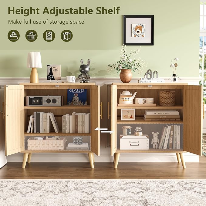 Keehusux 15.7" D Rattan Storage Cabinet with 2 Doors & Adjustable Shelf | Accent Buffet Sideboard Cabinet with Solid Wood Legs, Coffee Bar for Kitchen, Living Room, Entryway, Natural Oak