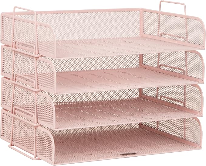 Mind Reader Stackable Paper Tray, Desktop Organizer, File Storage, Office, Metal Mesh, 4 Pcs., Pink