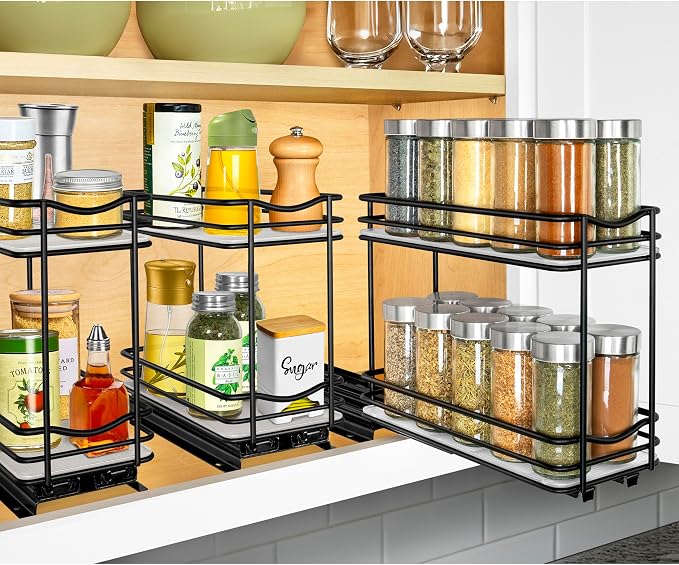 LYNK PROFESSIONAL® Pull Out Spice Organization for Cabinets - 4-3/8 inch Wide – Spice Rack for Inside Cabinets, Slide Out Spice Rack Organizer for cabinet – Pull Out Spice Rack, Sliding 2 Tier Black