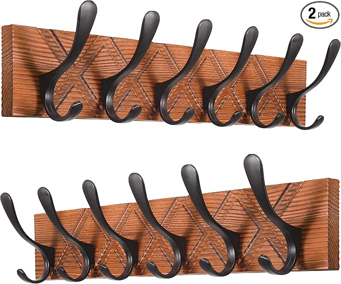 SKOLOO Coat Rack Wall Mount - Antique Wooden Carved- X Cross Coat Hook,Pack of 2, Wall Coat Hanger with 6 Hooks for Hanging Coats, Hats, Clothing, Scarfs, Brown & Black