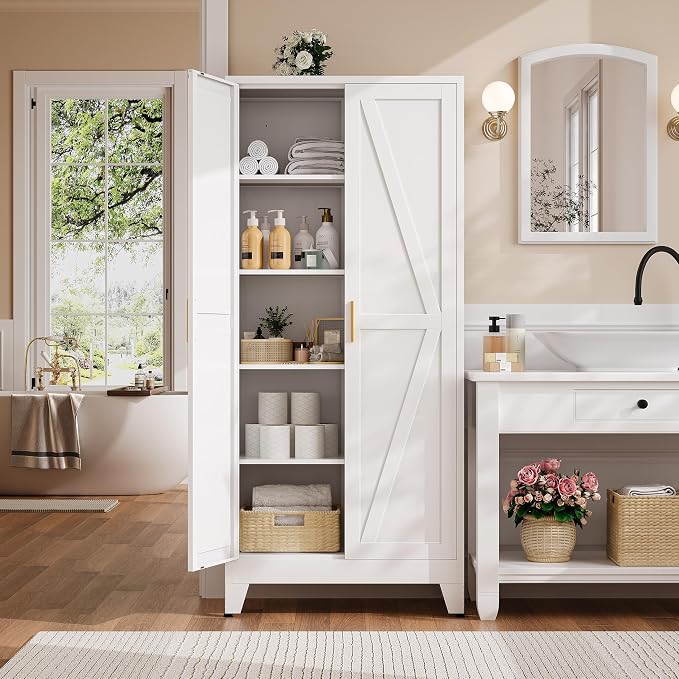 71" H White Pantry Cabinet,Metal Storage Cabinets with Doors and Shelves,Tall Food Kitchen Cabinets,Farmhouse Kitchen Cabinet,Freestanding Cabinet