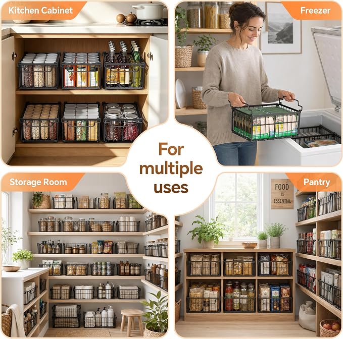 Freezer Organizer Bins, 6 Pack Enlarged Baskets for 5-9 Cu.FT Deep Freezer | Stackable Chest Freezer Organizer Bins, Foldable with Handles, Black Storage Container Baskets for Sort Frozen Meats