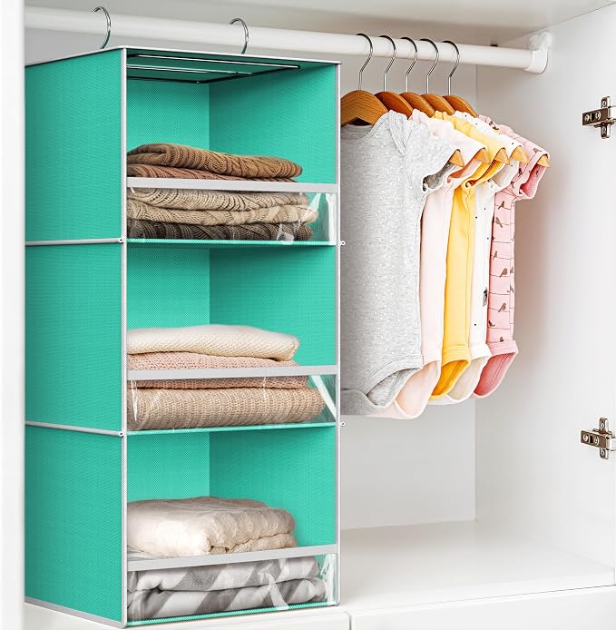 Simple Houseware 3 Shelf Hanging Closet Organizer, Turquoise | 3 Shelf Hanging Closet Organizer with Front Stopper