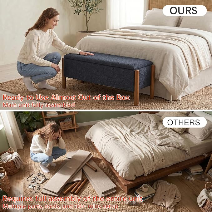 Storage Ottoman Bench, End of Bed Bench for Bedroom, 47" Boucle Upholstered Entryway Shoe Seat Bench, Holds up to 660 lb Storage Ottoman, Padded Blanket Chest Stool Foot Rest for Living Room Blue