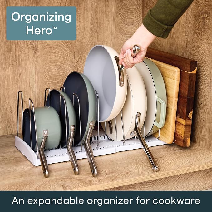 YouCopia StoreMore Expandable Cookware Rack with Tall Steel Wires, 12.5"-22" Wide Adjustable Pan Organizer for Kitchen Cabinet Storage, Premium Edition