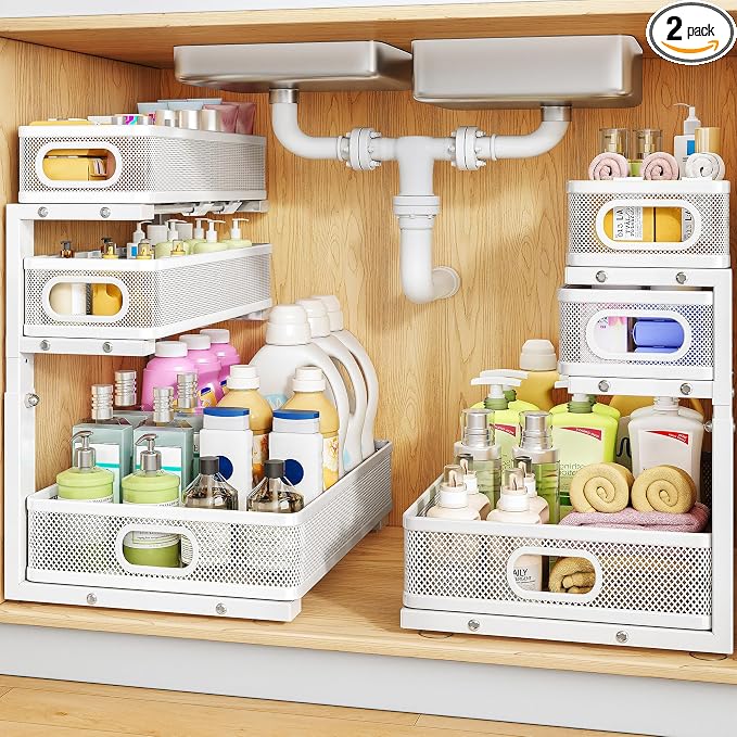 Under Sink Organizer, 3-Tier Thickened Metal Pull out Cabinet Organizer Shelf, Height Adjustable Slide out Storage Drawer Rack for Kitchen Bathroom Pantry Laundry Home Organization, 2-Pack, White | 35% Extra Storage Capacity, Carbon Steel, Hold Up 55lb...