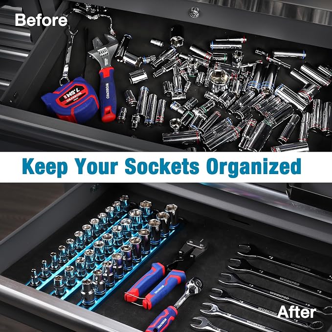 WORKPRO Magnetic Socket Organizer, Heavy Duty 1/2-Inch Drive Socket Rail | 1 Piece Socket Holder with 10 Spots, Aluminum Alloy, Rotatable & Movable Clips, Efficient Organization