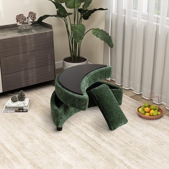 32.7" W Chenille Upholstered Half Crescent Moon Storage Bench Large Ottoman with Tray Serve As Side Table Soft Padded Seat Dressing Shoe Bench Foot Rest Green 32.7" L x 18.9" W x 17.3" H