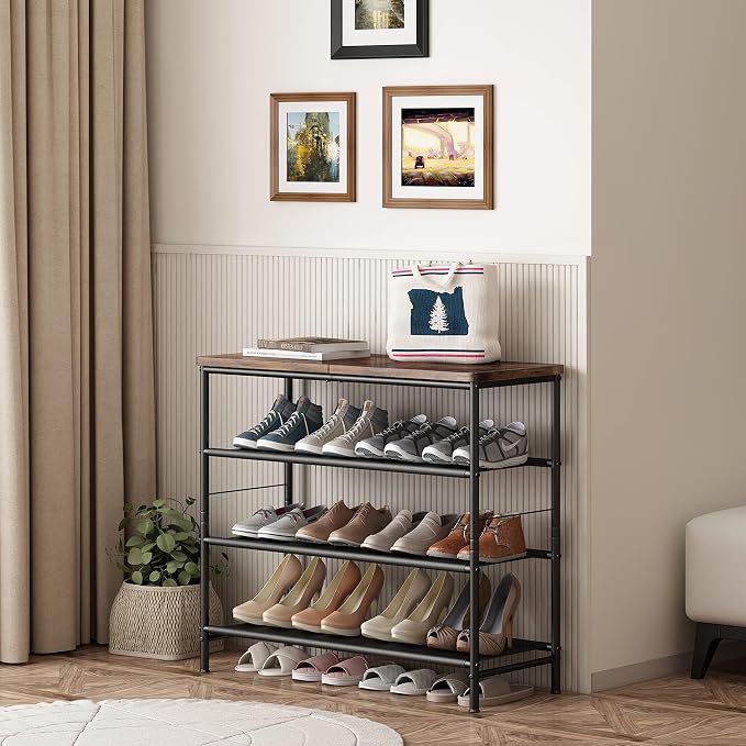 INGIORDAR 4 Tier Shoe Rack Storage Organizer Shelf Top with MDF Board | Space-Saving,with 3 Layer Fabric,stores 16+Pairs of Shoes for Closet,Entryway,Bedroom,Living Room Garage,Black+Rustic Brown