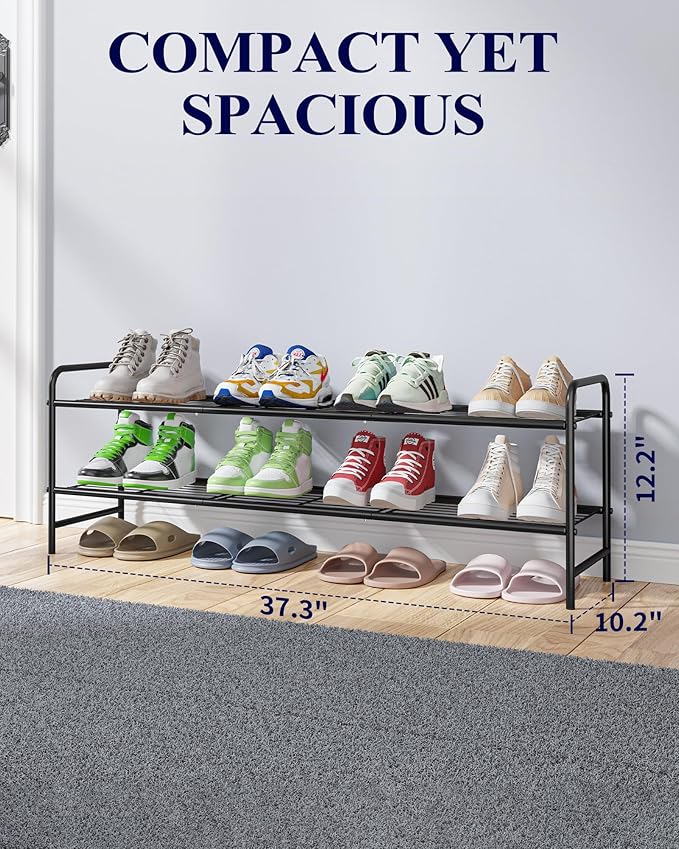 Kitsure Stainless Steel Shoe Rack Organizer, 37.3" Wide - 2 Tier, Black | Sturdy Shoe Rack for Closet and Entryway, Free Standing Shoe Shelf, Closet Organizers and Storage