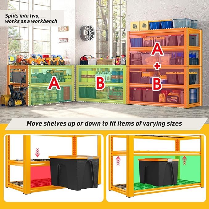 REIBII Orange Garage Shelving 2-Pack Heavy Duty Storage Shelves for Pantry | 3200LBS Load Capacity, 5-Tier Adjustable Metal Shelving, Utility Rack for Basement, Warehouse, School, 72" H x 36" W x 16" D