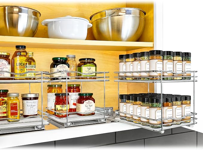 LYNK PROFESSIONAL® Pull Out Spice Organization for Cabinets - 8-3/8 inch Wide – Spice Rack for Inside Cabinets, Slide Out Spice Rack Organizer for cabinet – Pull Out Spice Rack, Sliding 2 Tier Chrome