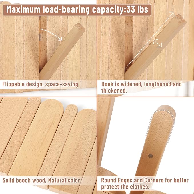 Wall Coat Rack for Entryway: Folding Wood Modern Heavy Duty 8 Hooks | 21.6'' Wall Mounted for Boho Home Decor Bathroom Bedroom Hallway for Hanging Towel Jacket Backpack Bag