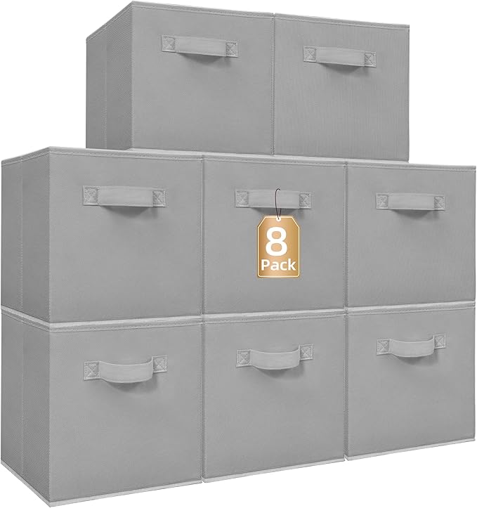STORAGE MANIAC Storage Cubes, 11 Inch Collapsible Storage Bins with Handles, 8 Pack Fabric Foldable Bins for Organization, Durable Storage Bins for Closet, Shelves, Offices, 8-Pack Grey
