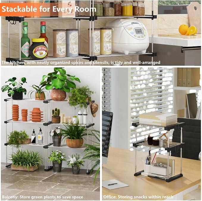 BLULEE Expandable Under Sink Organizer, 2-Tier Adjustable Storage Shelf | Heavy-Duty Stainless Steel Cabinet Rack for Kitchen Pantry & Bathroom Vanity, Stackable Organization System