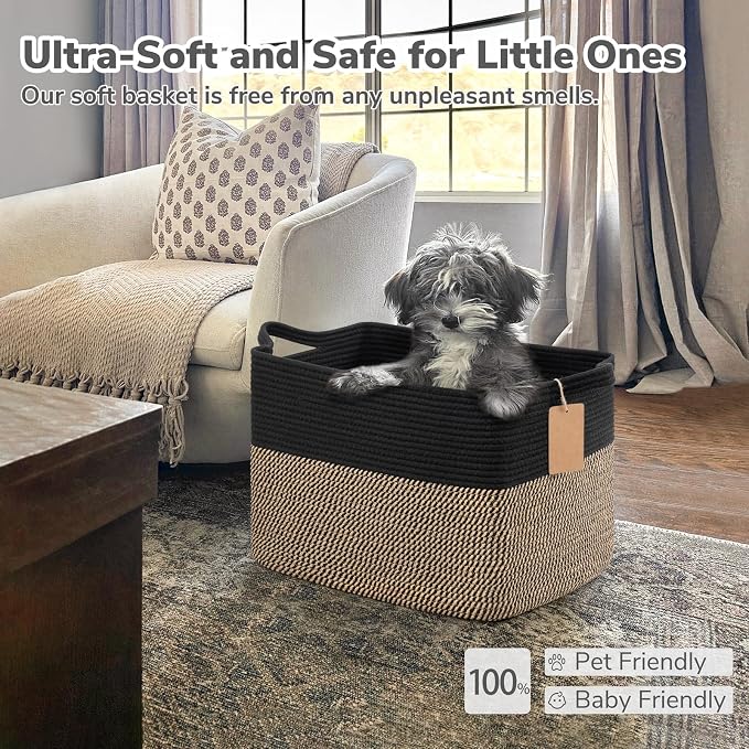 Goodpick Large Wicker Storage Baskets for Organizing, Black & Jute | 50L, 18 × 14 × 12 in, Reinforced Handles, Shoes, Towels & Toys Storage, Living Room, Bedroom & Nursery Organization